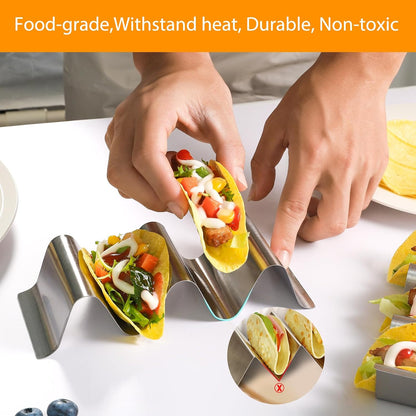 Taco Holder 6 Packs - Health Material Stainless Steel Taco Holders set of 6, Oven & Dishwasher & Grill Safe Taco Shell Tray, Each Metal Taco Stands for 3 Tacos, Stylish Taco Rack with Handles