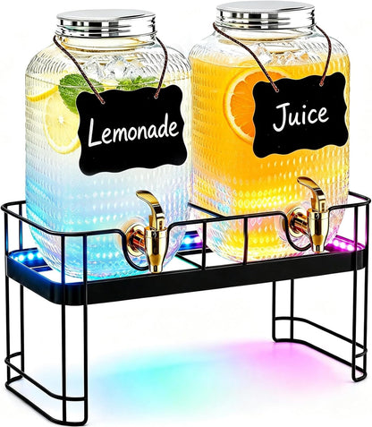 PAROTO Glass Drink Dispensers for Parties, 2 Pack 1 Gallon Each Beverage Dispenser with Stand and LED Strip Light, Juice Lemonade Water Dispenser with Spigot for Wedding, Bar, Picnic, BBQ, Buffet