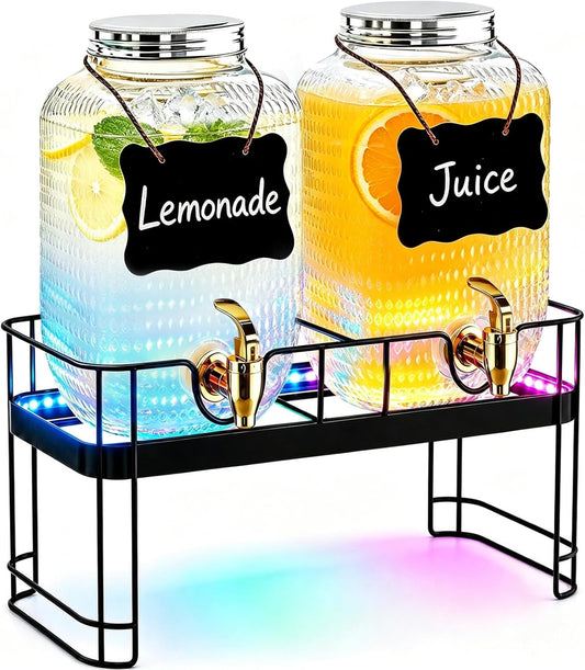PAROTO Glass Drink Dispensers for Parties, 2 Pack 1 Gallon Each Beverage Dispenser with Stand and LED Strip Light, Juice Lemonade Water Dispenser with Spigot for Wedding, Bar, Picnic, BBQ, Buffet