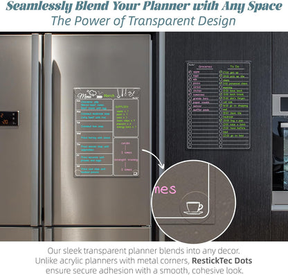 Clear Non-Magnetic Meal Planner Set for Fridge - Dry Erase Transparent Menu and List Board - Sticks to Wall, Glass, Door, Any Smooth Surfaces