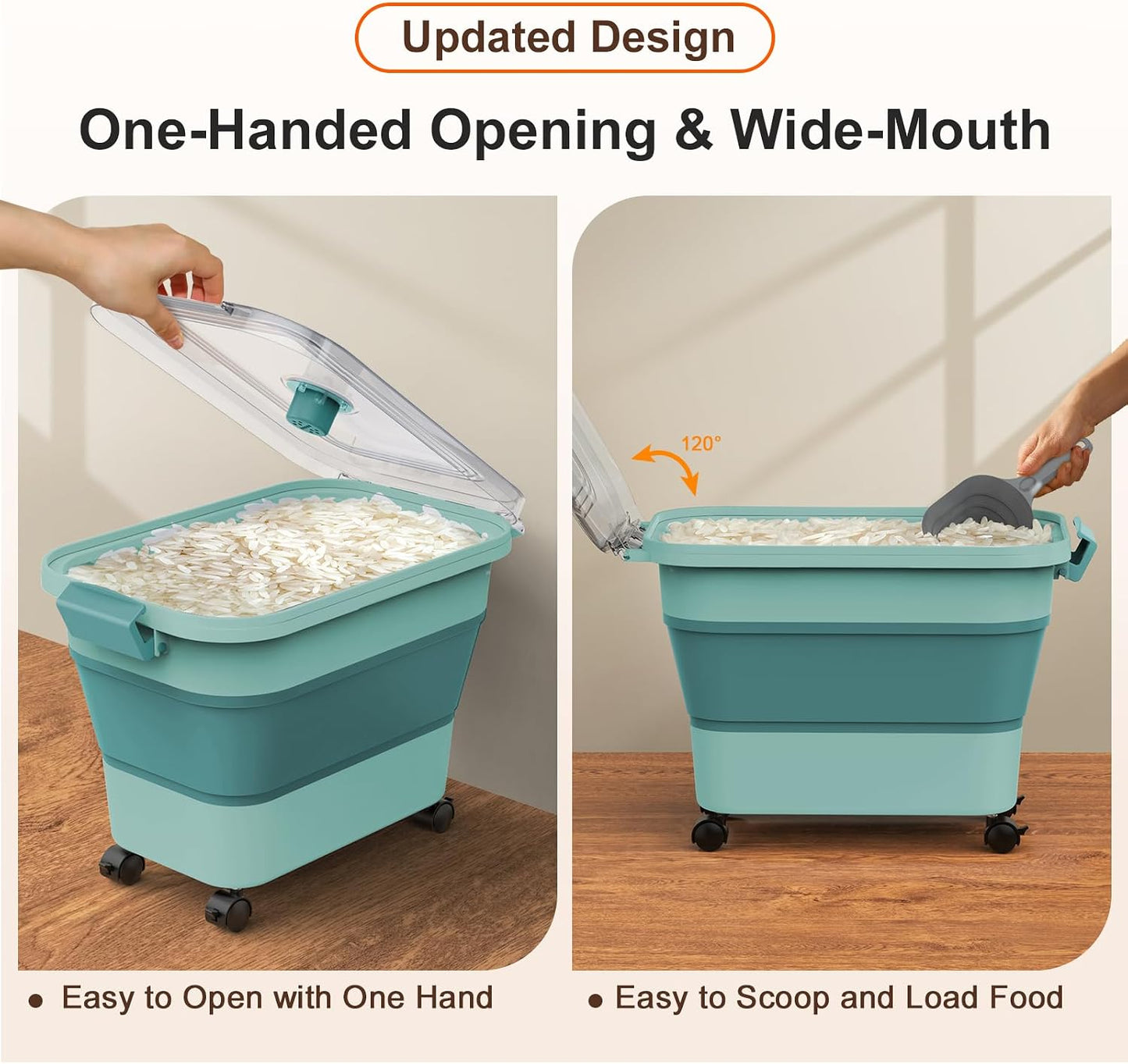 Komzon Rice Storage Container, Collapsible Airtight 10-40 Lb Rice Storage Container, 25lb Pet Dog Food Storage Container, Rice Dispenser Bin with Cup and Scoop for Flour Cereal Pasta Grain, Cat Bird