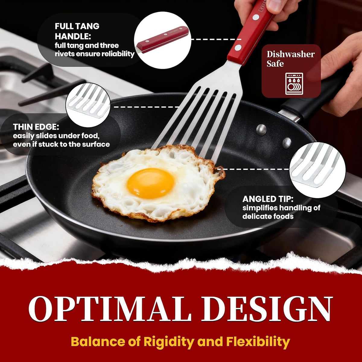 GRILLGEN Fish Spatula Stainless Steel -12.4" Metal Slotted Turner with Full Tang Red Handle, Ultra-Thin Flexible Fish Flipper for Cast Iron Skillet & Grilling, Flipping Eggs & Pancakes, Heavy Duty