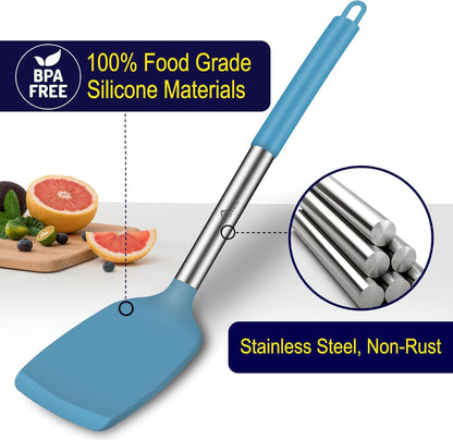 HOTEC Silicone Spatula Set of 2 Heat-Resistant 600°F & BPA-Free Kitchen SaptulaTurner with Stainless Steel Handles, Slotted & Solid Spatulas for Nonstick Cookware, 13.7 Inch, Classic Blue