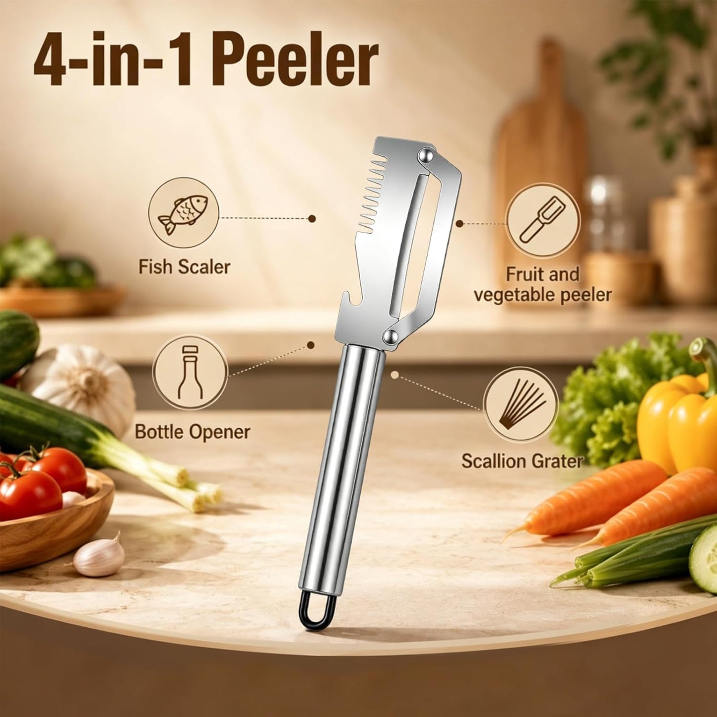 3Pcs Multi Functional Kitchen Tool Peeler, Stainless Steel 4-In-1 Multifunctional Fruit & Vegetable Peeler(Peelers Shreddingbottle Openerscaling Fish), for Fruit Veggie Potato Pumpkin