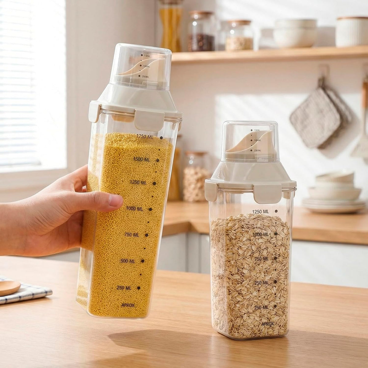 2 Pack Cereal Containers Storage Set, Clear Plastic Airtight Food Storage Containers, Measuring Cup Lids, Ideal for Rice Sugar Pet Food Dispenser, Kitchen Pantry Organizers, BPA Free, 51 oz & 68 oz