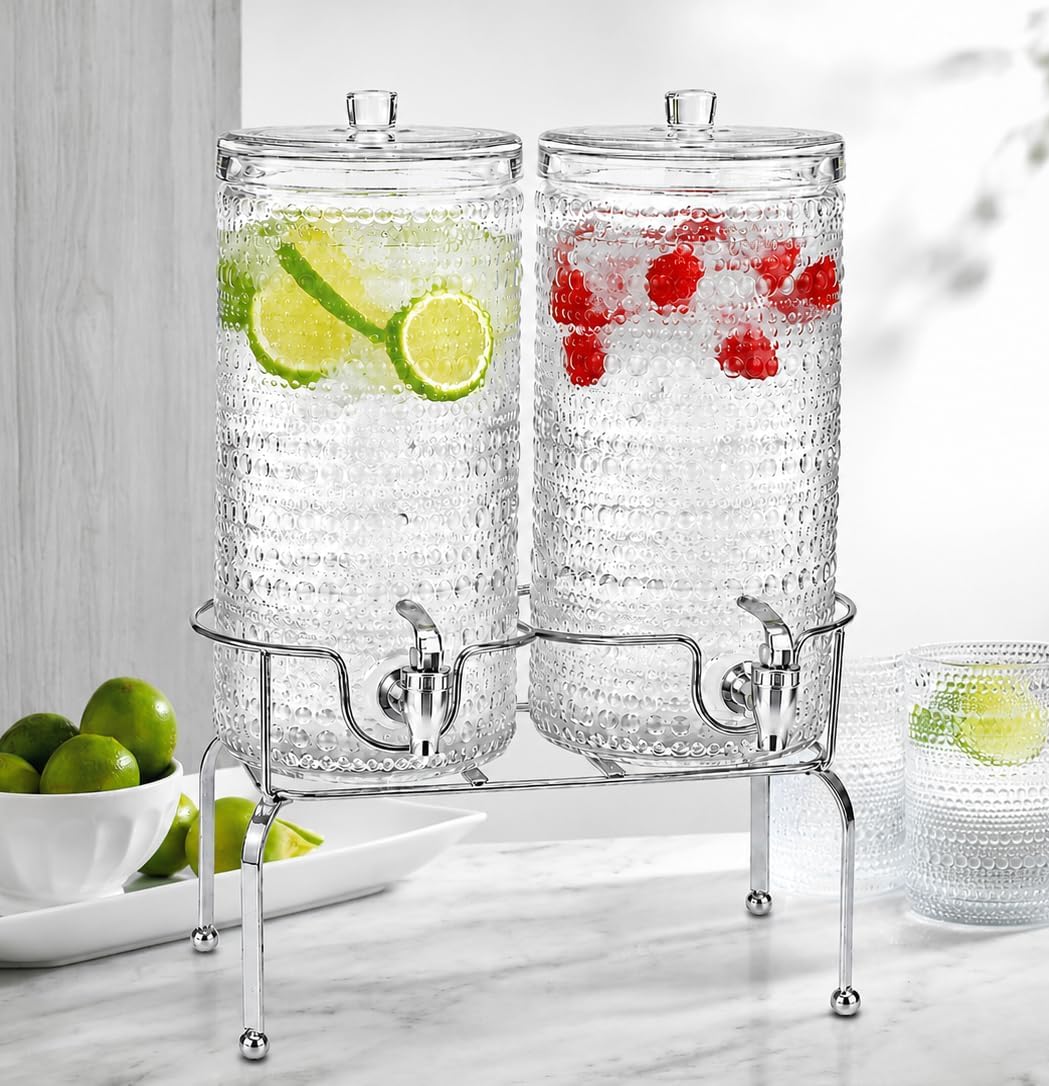 2 Gallon Glass Drink Dispenser, hobnail Drink Dispensers for Parties, Beverage Dispenser with Stand and Glass Lid, 100% Leakproof Spigot, Ideal for Lemonade, Juice,