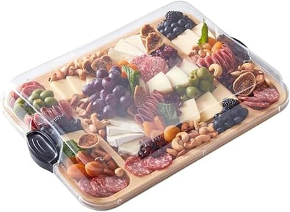 Farberware Build-A-Board Bamboo Cutting Board with Built-In Compartments & Clear Locking Lid, Black Handles, Charcuterie, Snack Tray, Food Prep and Serving Platter