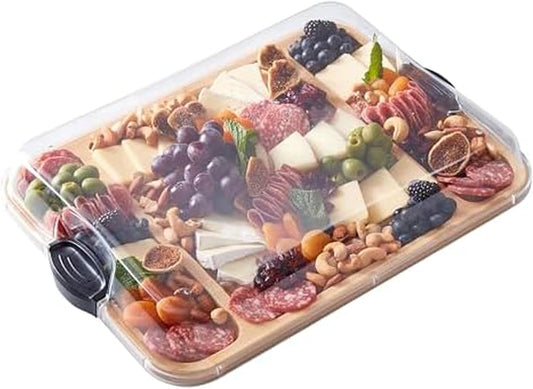 Farberware Build-A-Board Bamboo Cutting Board with Built-In Compartments & Clear Locking Lid, Black Handles, Charcuterie, Snack Tray, Food Prep and Serving Platter