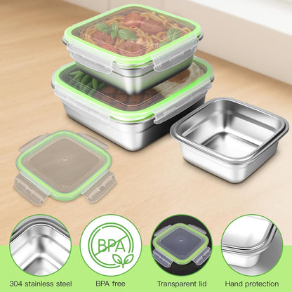 3 Pack Stainless Steel Sandwich Containers with Leak-Proof Lids, BPA-Free Airtight Metal Food Storage Boxes for Lunch, Snacks, Meal Prep – Reusable, Stackable, Dishwasher & Freezer Safe(Green)