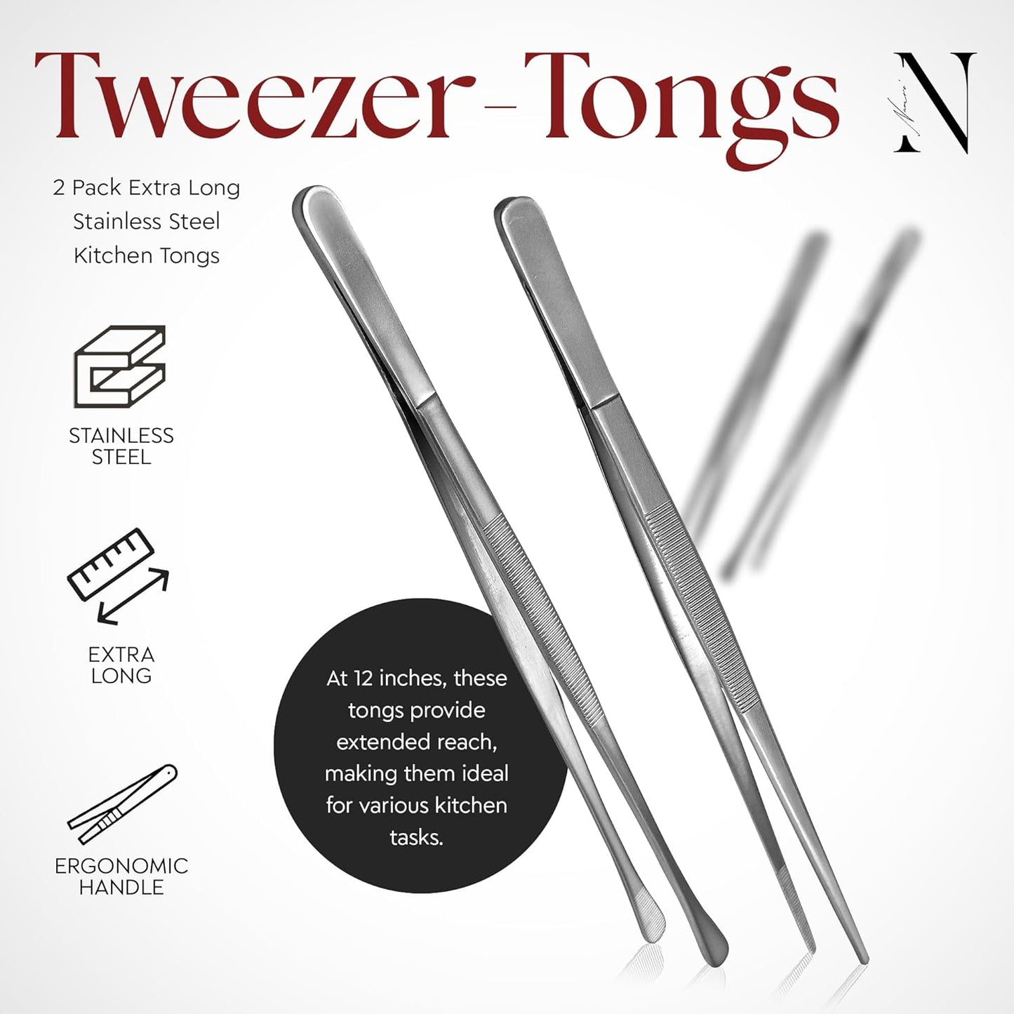 Namre' Tweezer Tongs for Cooking -Plating Tweezers - 2 Pack Stainless Steel Cooking Tongs - Thin Chopstick Tongs (Silver)