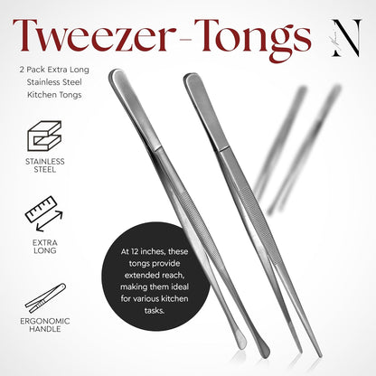 Namre' Tweezer Tongs for Cooking -Plating Tweezers - 2 Pack Stainless Steel Cooking Tongs - Thin Chopstick Tongs (Silver)