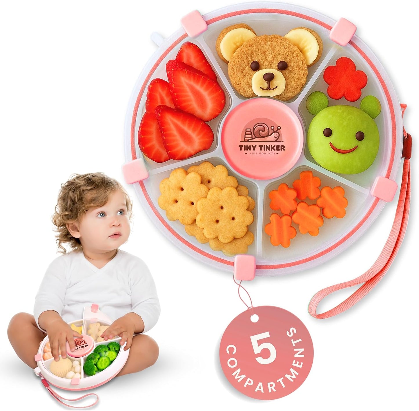 Snack Container for Toddlers with Lid, 5-Compartment BPA-Free Toddler Snack Spinner – Non Toxic, Leak-Proof, Easy Open, Dishwasher Safe Travel Snack Box for Toddlers (Mint Green)