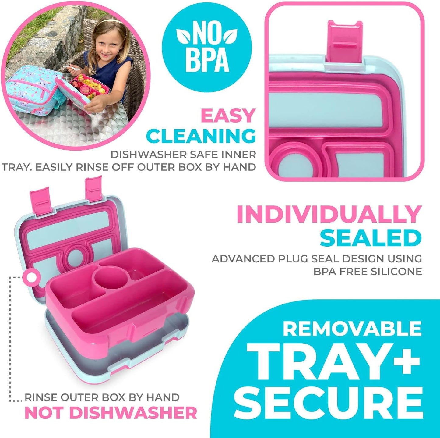 Bento Lunch Box with Bag, Water Bottle & Ice Pack Set for Kids Toddlers, 4 Portion Sections, Removable Tray, Pre-School Boy Toddler Daycare Lunches, Insulated Snack Container, Blue Space Dinosaur