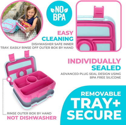 Bento Lunch Box with Bag, Water Bottle & Ice Pack Set for Kids Toddlers, 4 Portion Sections, Removable Tray, Pre-School Boy Toddler Daycare Lunches, Insulated Snack Container, Blue Space Dinosaur