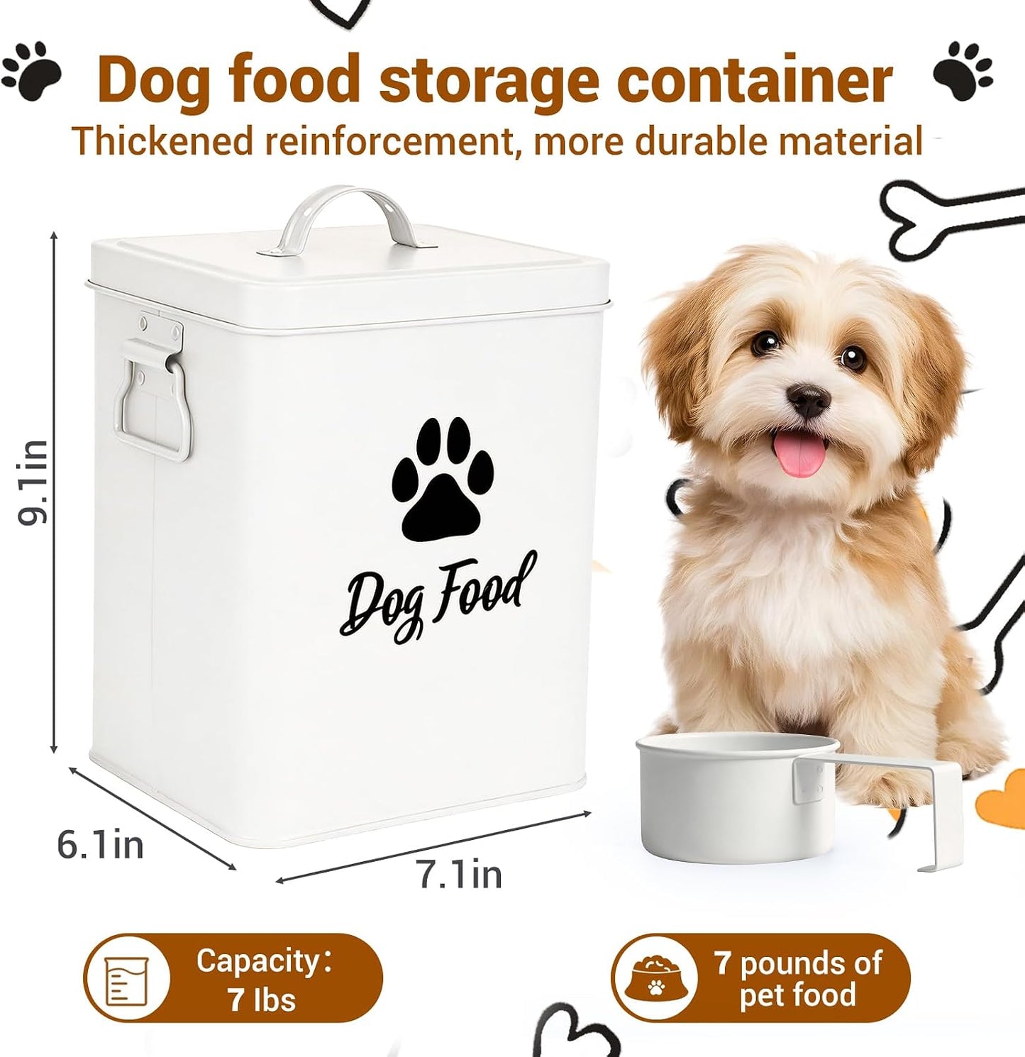 Dog Food Container 13lb, Cute Airtight Pet Food Storage Containers with Metal Lid Scoop, Black Metal Storage Bin for Dog/Cat with Wheels,Easy to Move