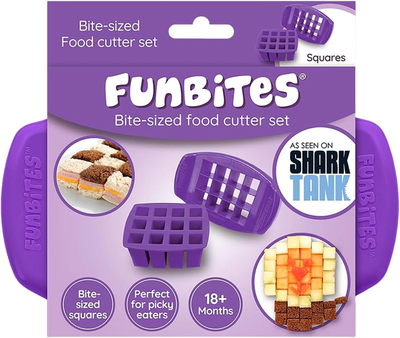 FUNBITES Crustless Sandwich Cutter for Kids Lunch, Uncrustable Sandwich Cutter (6-piece set), Bite-Size Food Cutter for Toddlers, Bento Box Accessories, Dishwasher Safe, Squares/Hearts/Triangles 3pk