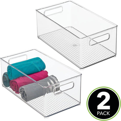 mDesign Deep Plastic Storage Organizer Container Bin, Closet Organization for Hallway, Bedroom, Linen, Coat, and Entryway - Holds Clothing, Blankets, Accessories, Toys, and Essentials, 2 Pack, Clear