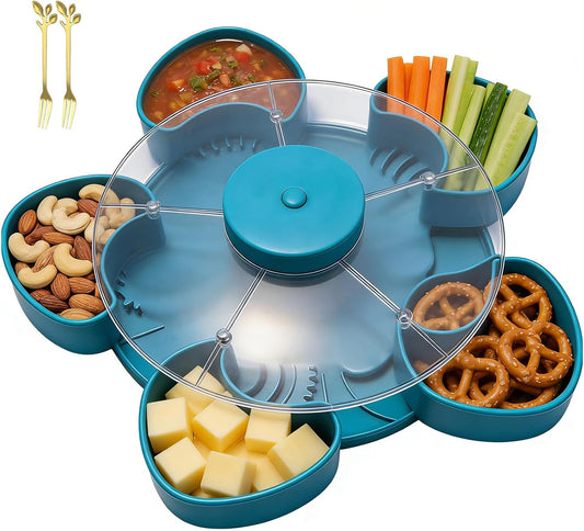 Divided Spin and Snack Serving Tray with Lid, Lazy Susan Rotating Sectional Platter for Parties, Movie Nights & RV, Multi-Compartment Charcuterie Board Organizer for Fruit, Nuts, Veggies & Dips (Gray)