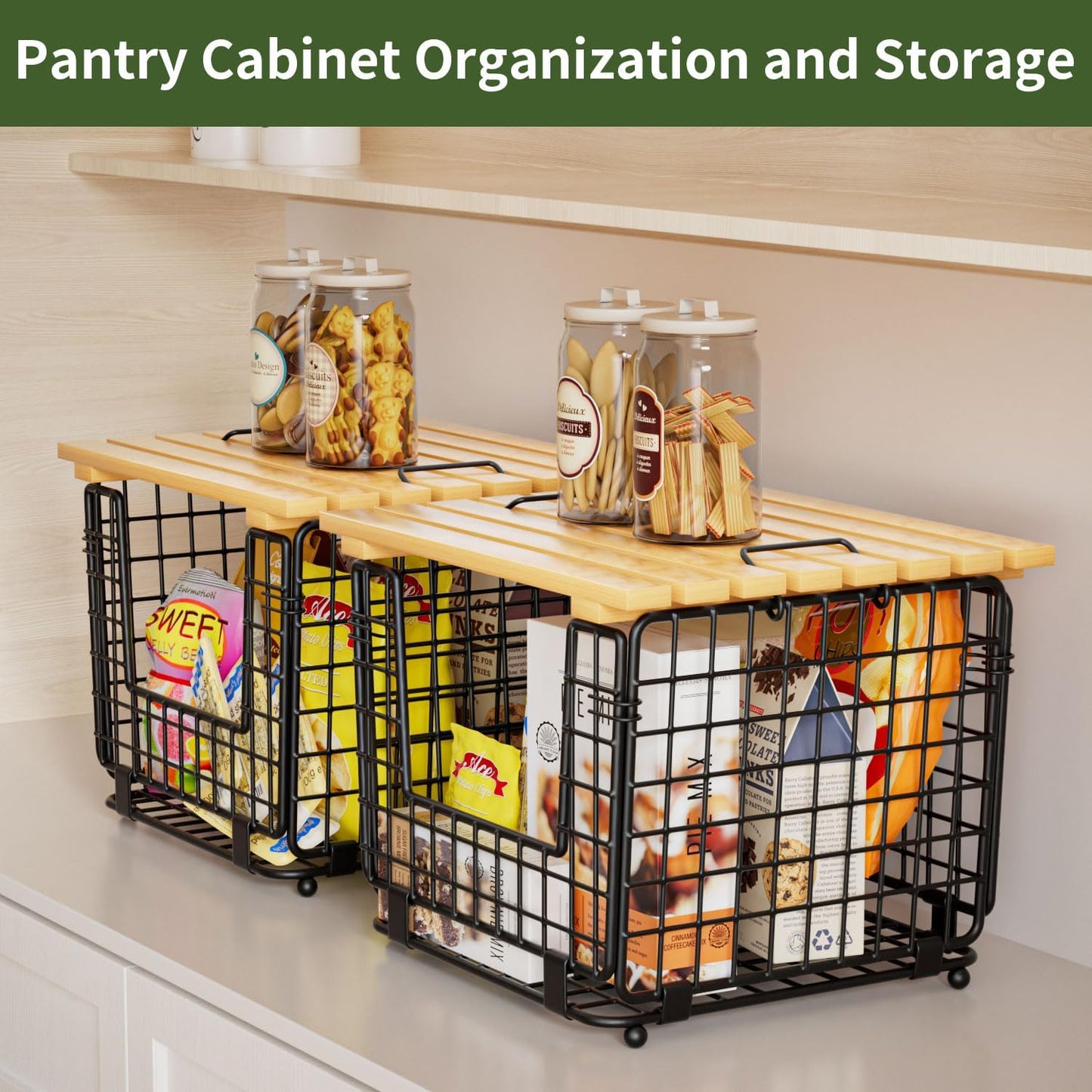 Wire Storage Basket for Kitchen Pantry: GGIU Stackable Kitchen Counter Organizers - Wire Organizing Bin for Produce Fruit Vegetable Potato and Onion Black