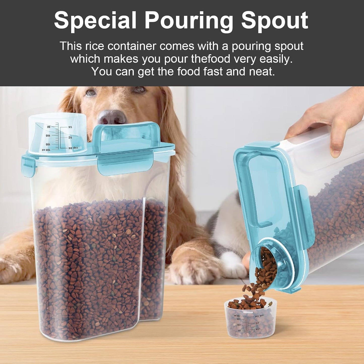 LEAWALK 5-7Lbs Dog Cat Food Storage Container with Upgraded Large Nozzle BPA-free, 4 Snap Seals Plastic Pet Food Storage Containers with Handles are Easy to Clean and Carry