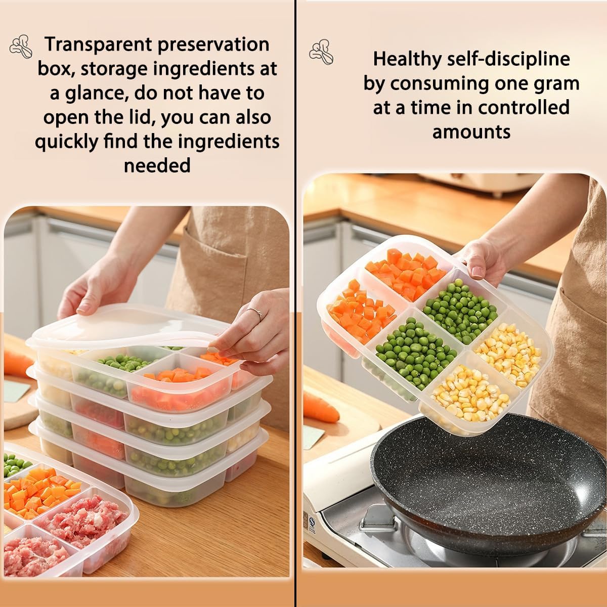 Divided Vegetable Tray with Lid，5 Compartments + 6 Compartments Snack Box - Clear Refrigerator Organizer - Plastic Food Storage Containers for Snacks, Fruits, Vegetables, Salads and Meat（4Pcs