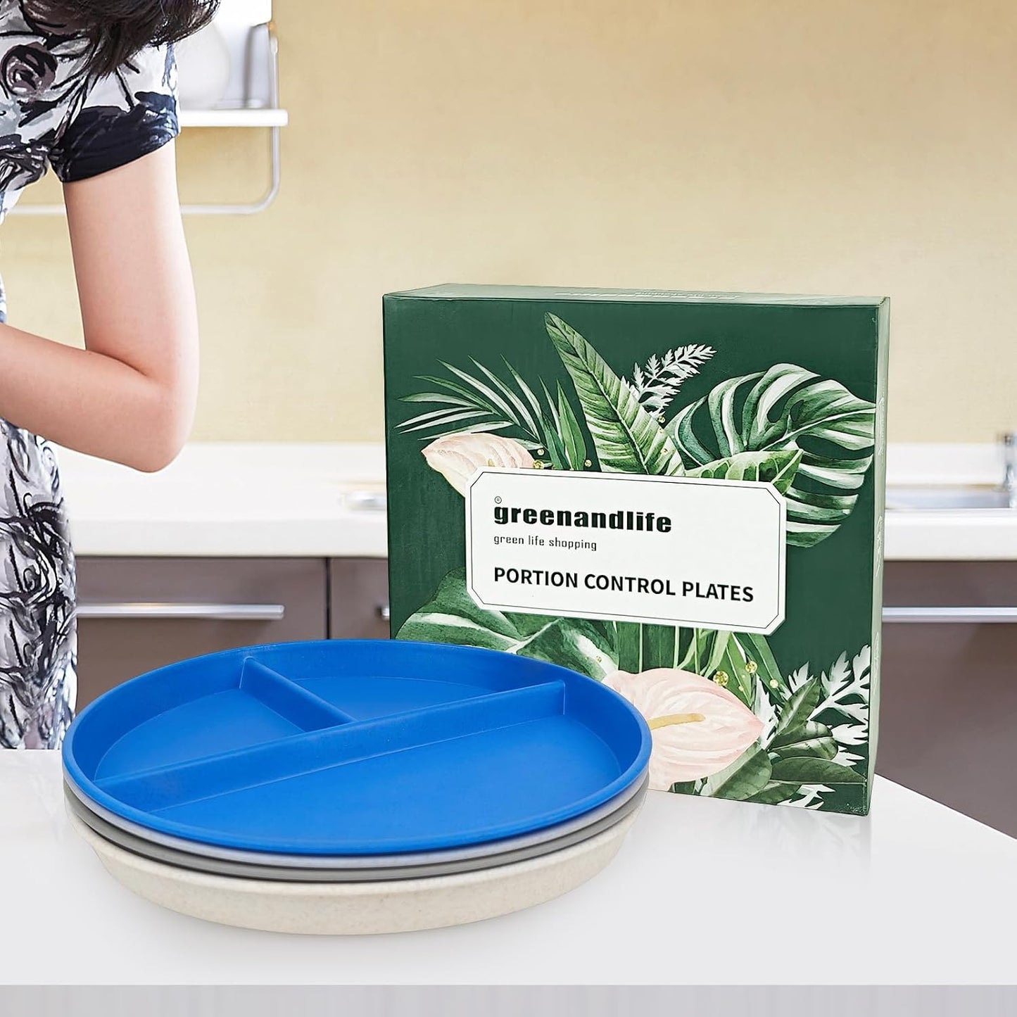 greenandlife 9 Inch 4PCS Portion Control Plates with Lids, Divided Plates for Kids Adults, Dishwasher Microwave Safe Compartment Plate, Unbreakable Lightweight Reusable Wheat Straw Plate, Earth Tone