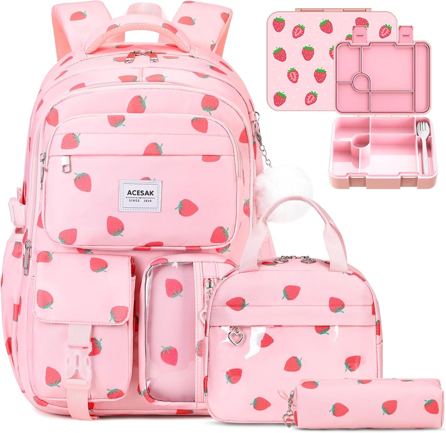 ACESAK Girls Backpack - Bento Box with Insulated Lunch Bag Pencil Case & Utensils Set for Kids, 6 Leakproof Compartments Removable Tray Lunches or Snack Container for School (Gray Daisy)