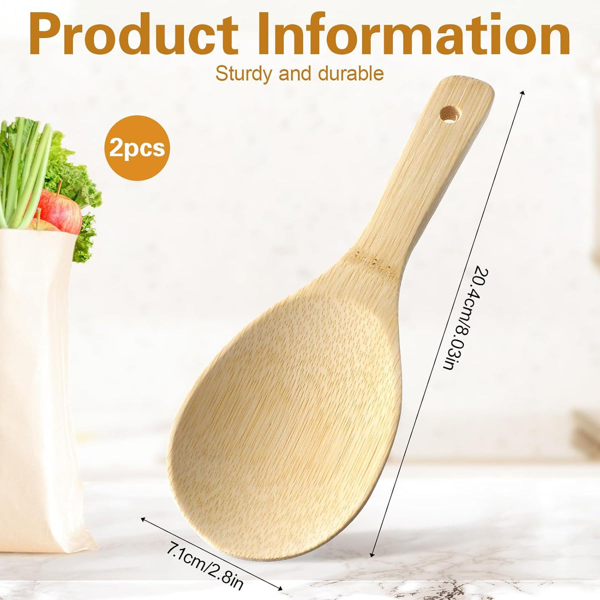 2PCS Natural Bamboo Rice Paddle Spoon, 8 Inch Wooden Spoons