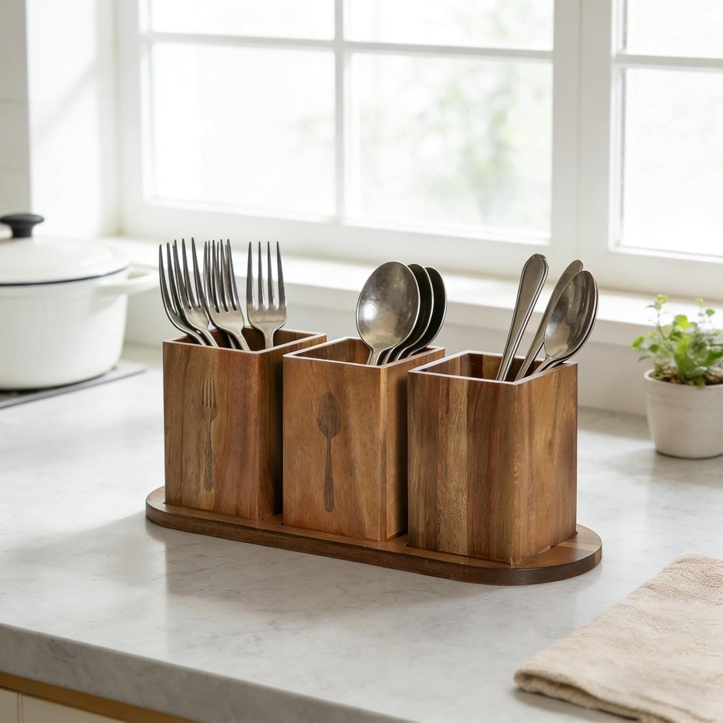 Takywep Acacia Wood Utensil Holder for Kitchen Countertop, Rustic Silverware Caddy Organizer Box, Cutlery Storage for Spoons Forks Knives, Holds Plates & Napkins, Farmhouse Kitchen Counter Organizer