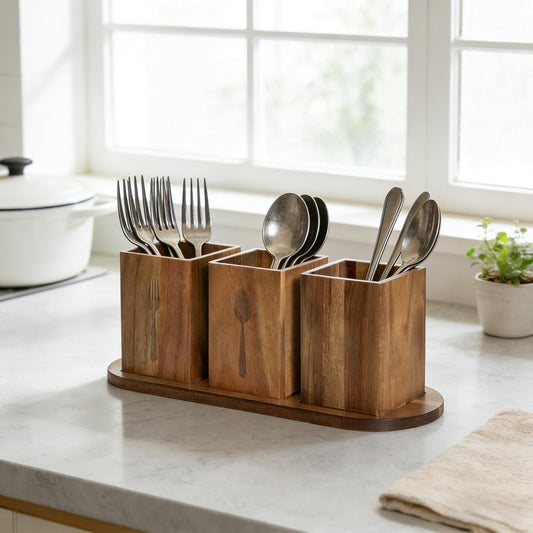 Takywep Acacia Wood Utensil Holder for Kitchen Countertop, Rustic Silverware Caddy Organizer Box, Cutlery Storage for Spoons Forks Knives, Holds Plates & Napkins, Farmhouse Kitchen Counter Organizer