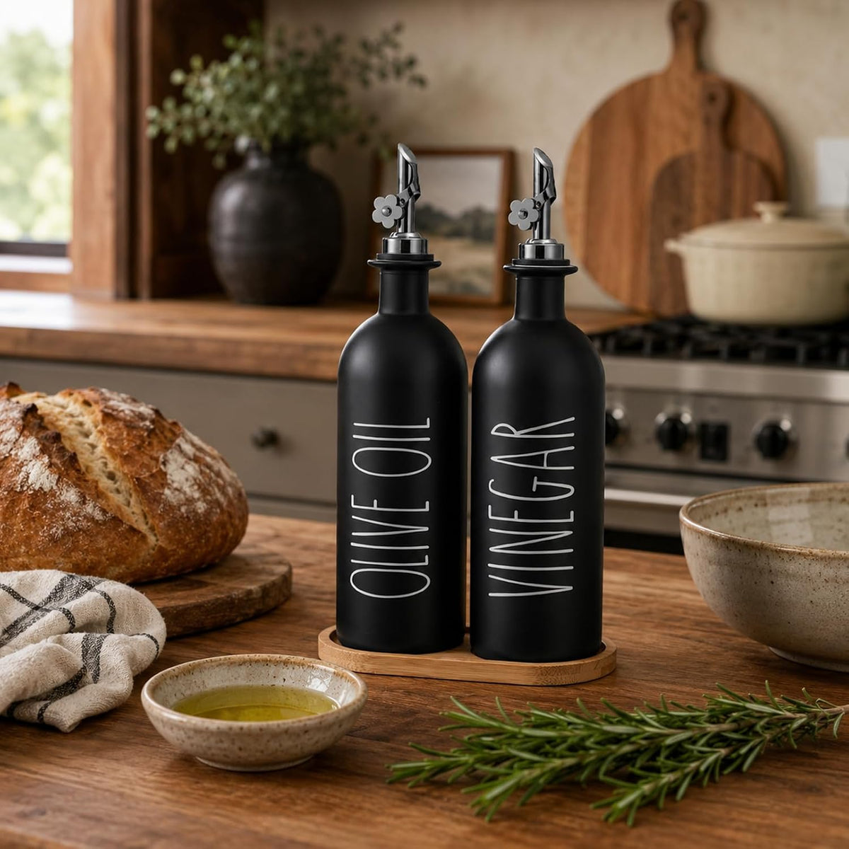 HOMCDALY Premium Olive Oil Dispenser for Kitchen, 11.8oz Glass Oil Bottles with Bamboo Tray, White Oil&Vinegar Cruet Set, Kitchen Dispenser Bottles with Pourer| Set of 2 (11.8oz –P–White)