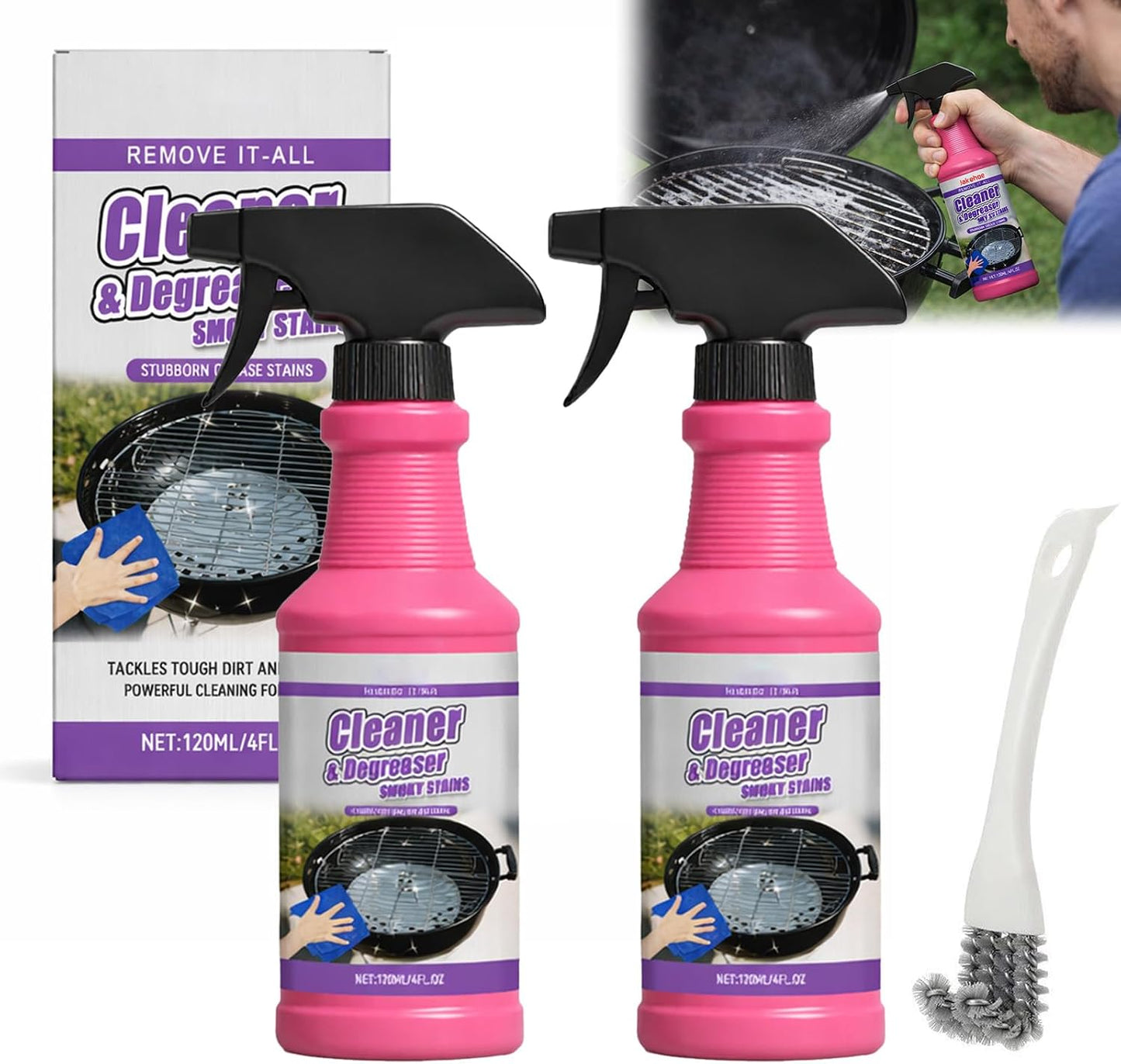 Fast-Acting Heavy-Duty Grill Degreaser Spray, Grill Degreaser for Outdoor Grills, 120 ML Heavy Duty BBQ Grills Cleaner Spray for Grills Grates Burners Drip Trays (2 Bottle)