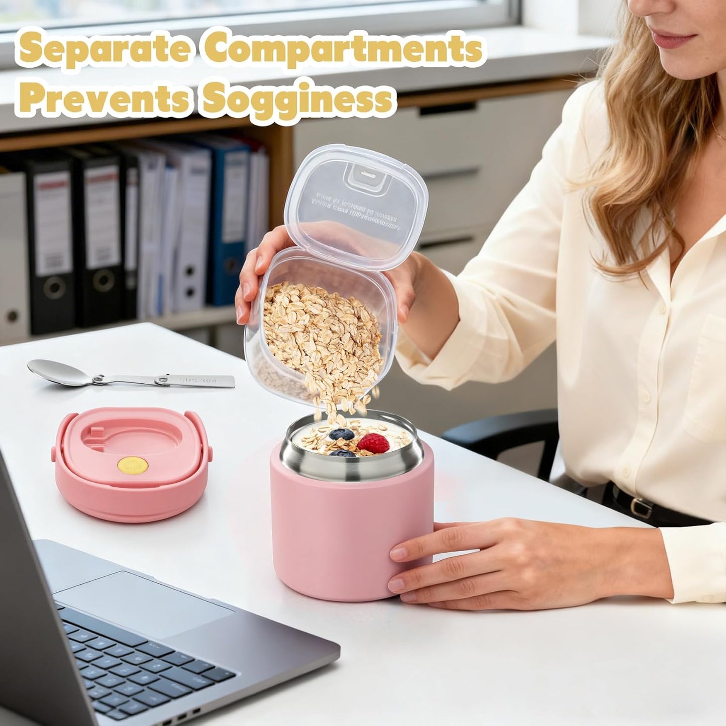 2 - in - 1 Soup Thermo for Hot Food 14oz with Snack Box Container Leak Proof Insulated Lunch Container Kids and Adults Stainless Steel Double Wall Vacuum Wide-mouth Thermal with Spoon and Handle