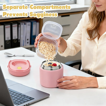 2 - in - 1 Soup Thermo for Hot Food 14oz with Snack Box Container Leak Proof Insulated Lunch Container Kids and Adults Stainless Steel Double Wall Vacuum Wide-mouth Thermal with Spoon and Handle