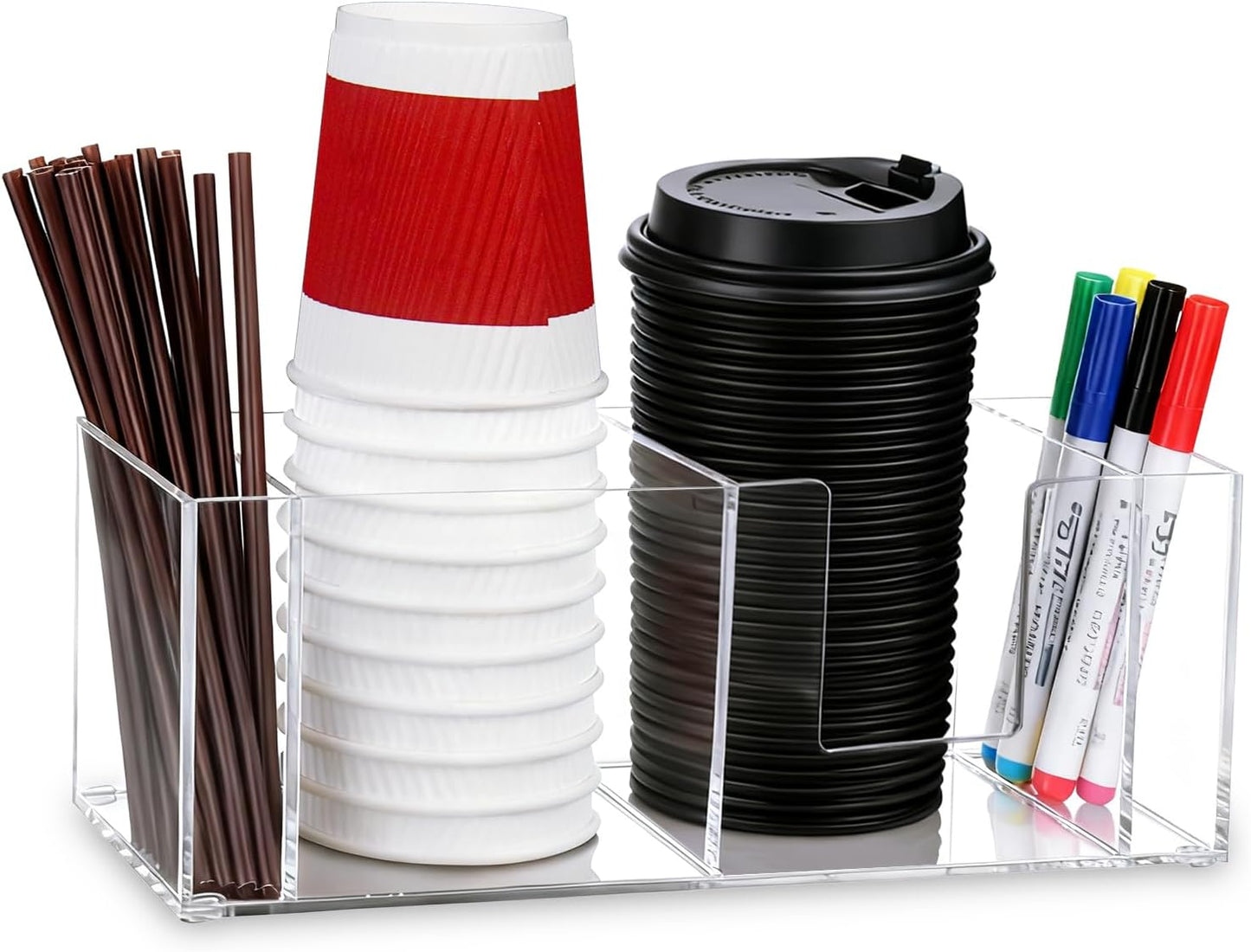Cup Holder with Marker Slot, Acrylic Disposable Coffee Cup Dispenser Lids Straws Storage Organizer Mark Your Cup and Drink Up for Kitchen Bar Picnic Gathering Party Accessory