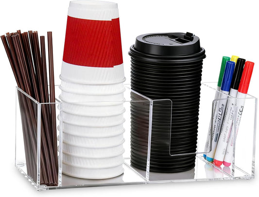 Cup Holder with Marker Slot, Acrylic Disposable Coffee Cup Dispenser Lids Straws Storage Organizer Mark Your Cup and Drink Up for Kitchen Bar Picnic Gathering Party Accessory