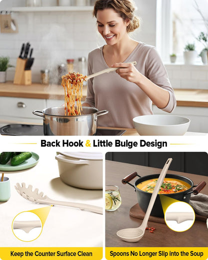 Silicone Cooking Utensils Set, 9 Pcs Heat Resistant Kitchen Utensils with Back Hooks, BPA Free Kitchen Tools with Spatulas, Spoons, Skimmer and Pasta Fork for Non Stick Cookware(KHAKI)
