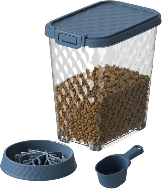 Airtight Dog Food Storage Container 30 lb with Attachable Wheels, Clear Pet Food Sorage Containers with Scoop & Slow-Feeding Bowl, Easy to Move Clean Refill, Fit for Dog Cat Bird Food