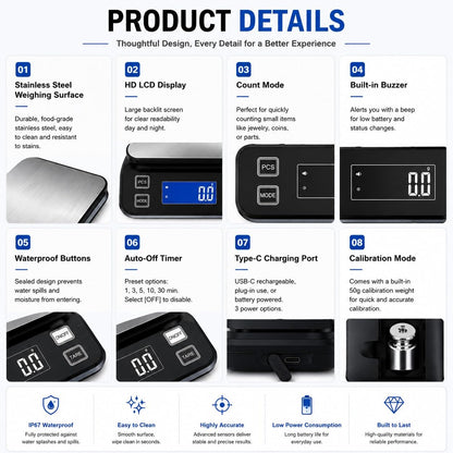 Waterproof Digital Kitchen Scale 0.1g/0.001oz Precision, Stainless Steel Electronic Scale with 3 Power Options (Rechargeable/AAA/Built-in), 10 Units Conversion, Smart Standby, 5kg/11lb Capacity