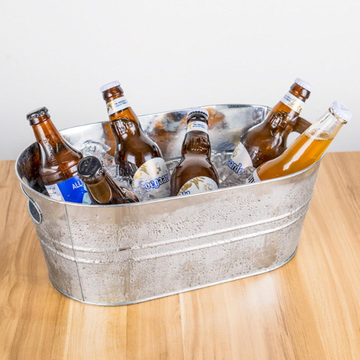 3 Gallon Galvanized Tub Beverage Tubs, Metal Ice Buckets for Cocktail Bar Wine Beer Drink Buckets with Handles Large Tub Ice Bucket for Parties (Silvery)