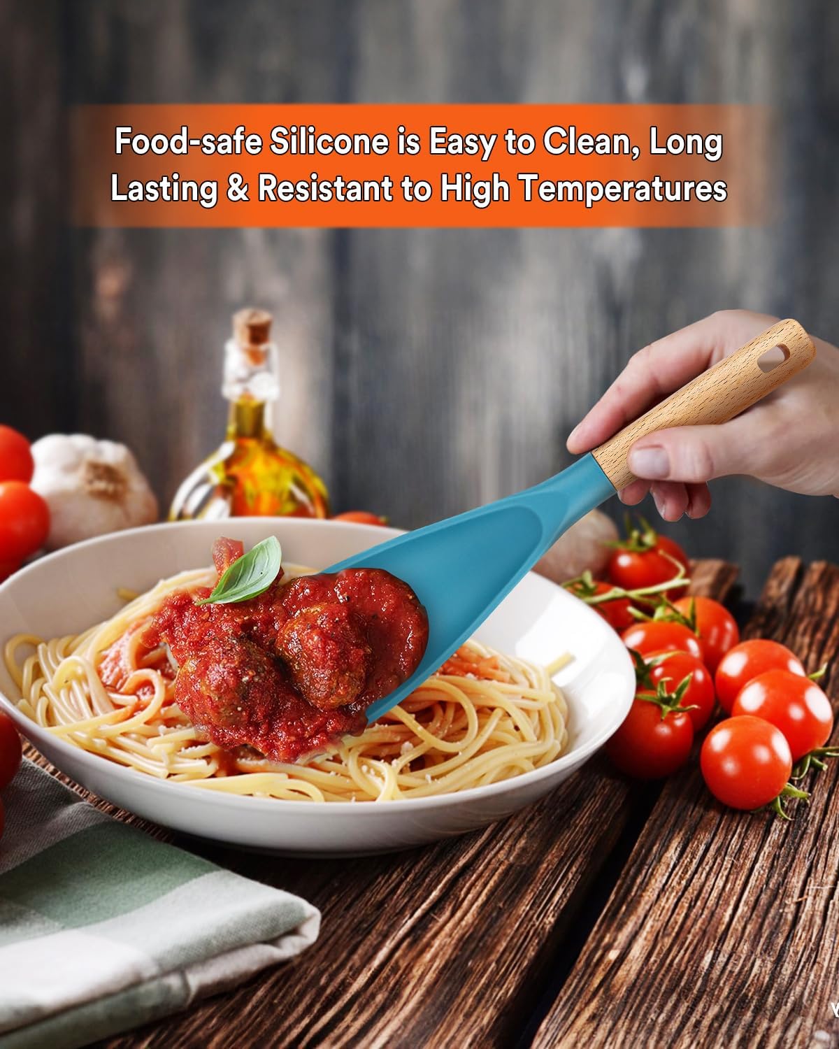 Cooking Spoon for Nonstick Cookwares, Great for Cooking and Serving Sturdy BPA-Free Matte Silicone, Wood Handle Spoon for Mixing, Scoop, and Scrape (Black & Grey, 11.4 inch)