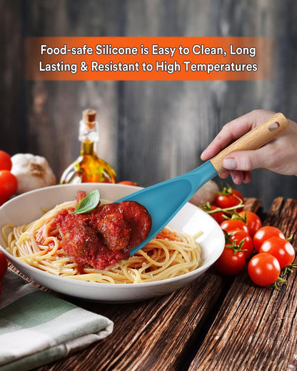 Cooking Spoon for Nonstick Cookwares, Great for Cooking and Serving Sturdy BPA-Free Matte Silicone, Wood Handle Spoon for Mixing, Scoop, and Scrape (Black & Grey, 11.4 inch)