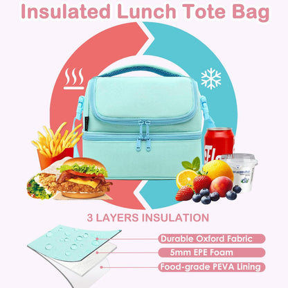 FlowFly Kids Double Decker Cooler Insulated Lunch Bag Large Tote for Boys, Girls, Men, Women, With Adjustable Strap, Unicorn