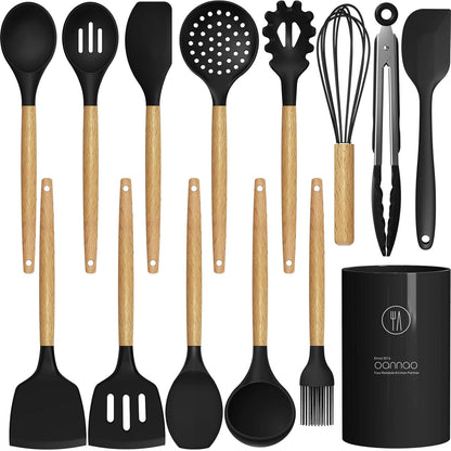 oannao Silicone Cooking Utensils Kitchen Utensil Set - 446°F Heat Resistant Silicone Kitchen Utensils Set, Spatula,Turner Tongs, Spoon, Whisk,Kitchen Gadgets for Nonstick Cookware, BPA Free (Gray)