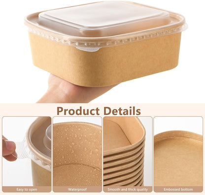 50 Sets 25oz Disposable Kraft Paper Bowls with Lids, Rectangle