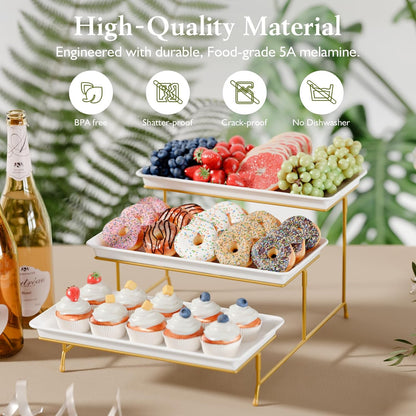 3-Tier Melamine Serving Tray Set, 11.5" x 5.6" Platters for Serving Food, Black Reusable Trays with Black Metal Display Stand for Cupcakes, Sevring Food, Dessert, Fruit, Cookie, Gold