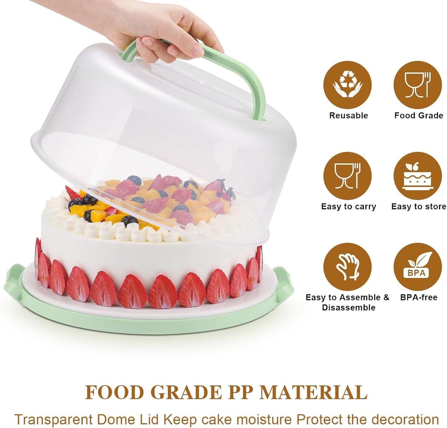 Cake Carrier with Lid and Handle, BPA-Free Cake Containers Cake Stand for 10 inch Cake with 2 Handles Cupcake Carrier - Plastic Cover Two Sided Base for Transport Pie Nuts Fruit Perfect Gifts
