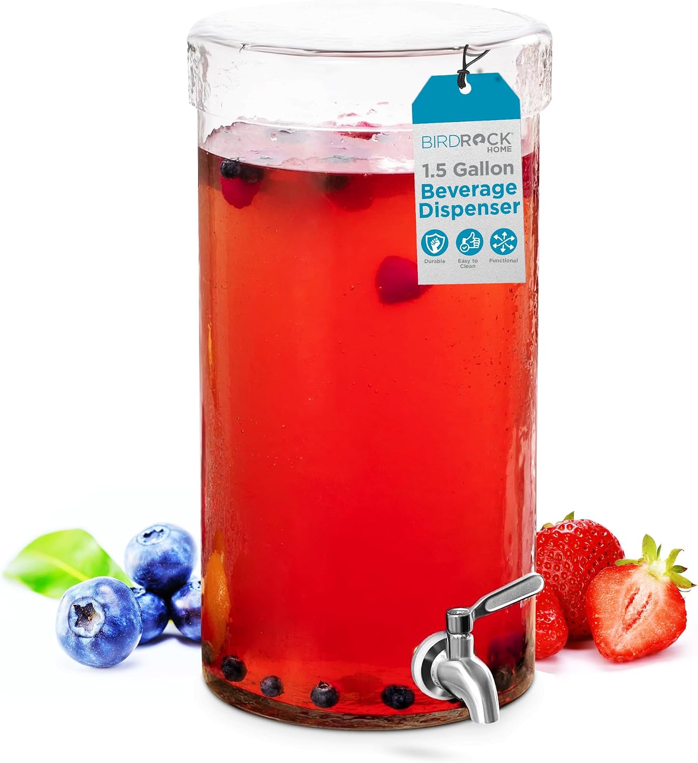 BIRDROCK HOME Beverage Dispenser with Stand & Stainless Steel Spigot - Hammered Glass Drink Dispenser for Parties Home & Events - Ideal for Serving Tea, Lemonade, Juice, Sangria, Cocktail - 1.5 Gallon