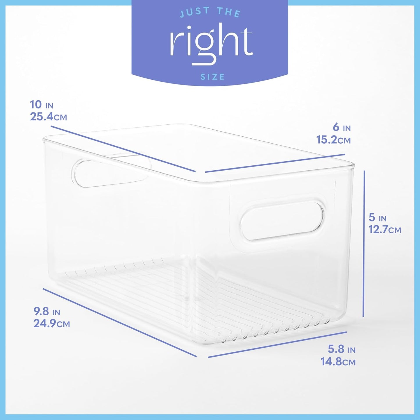 Plastic Food Storage 4 Pack Clear Container Bin with Handles for Organizing Kitchen, Pantry, Refrigerator, Freezer, Pantry, Cabinet, Closet, Bathroom. Stackable 10”x6”x3”