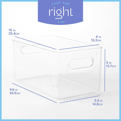 Plastic Food Storage 4 Pack Clear Container Bin with Handles for Organizing Kitchen, Pantry, Refrigerator, Freezer, Pantry, Cabinet, Closet, Bathroom. Stackable 10”x6”x3”